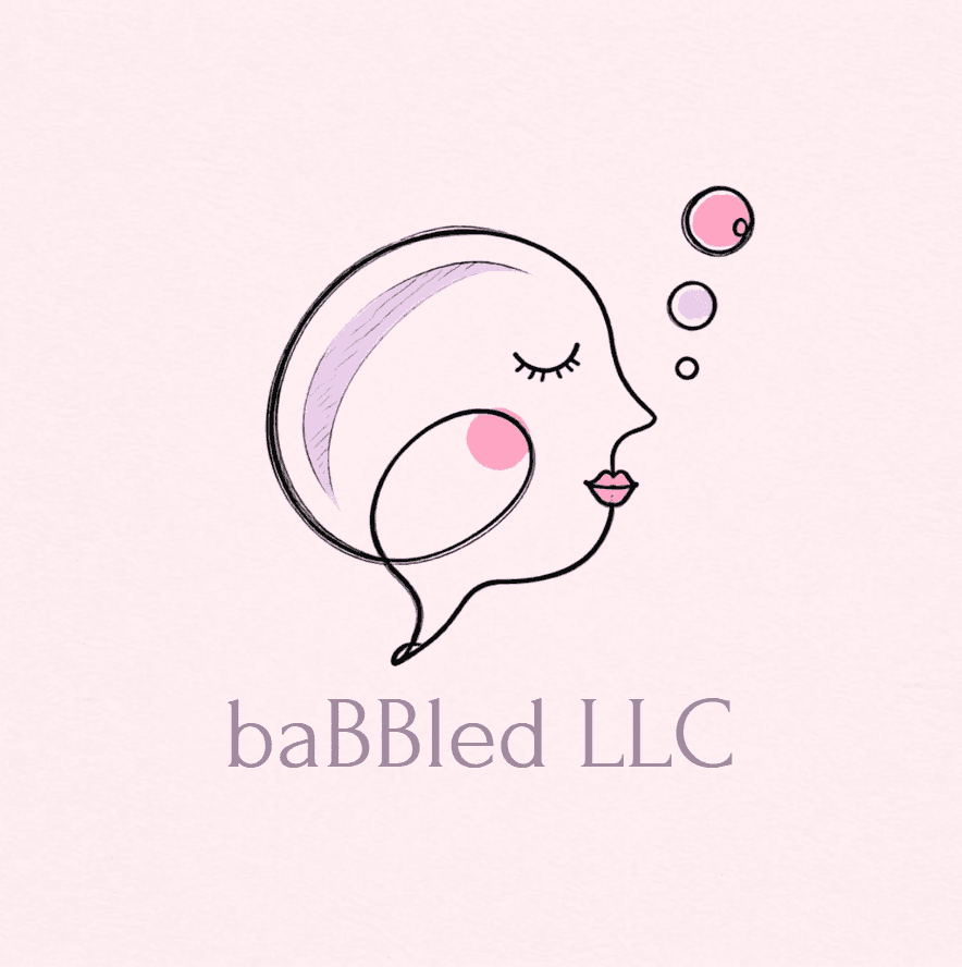 The original BaBBled LLC logo: a black line profile with pink and lavender details on blush paper.